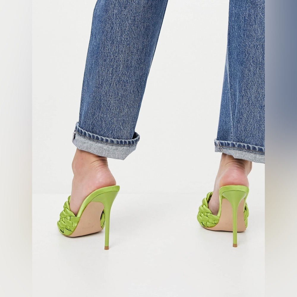NEW Simmi London Brandy Bright Green Satin Woven Open Toe Slide On Mules Heels - Picture 4 of 10